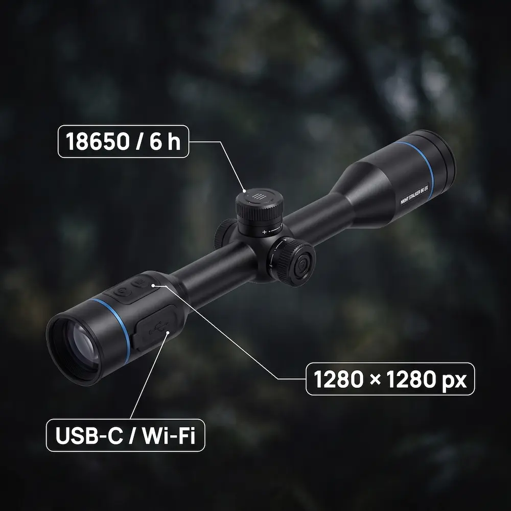 Celownik noktowizyjny PARD Night Stalker 5K eX 70 mm LRF – komora akumulatora 18650 oraz porty komunikacyjne